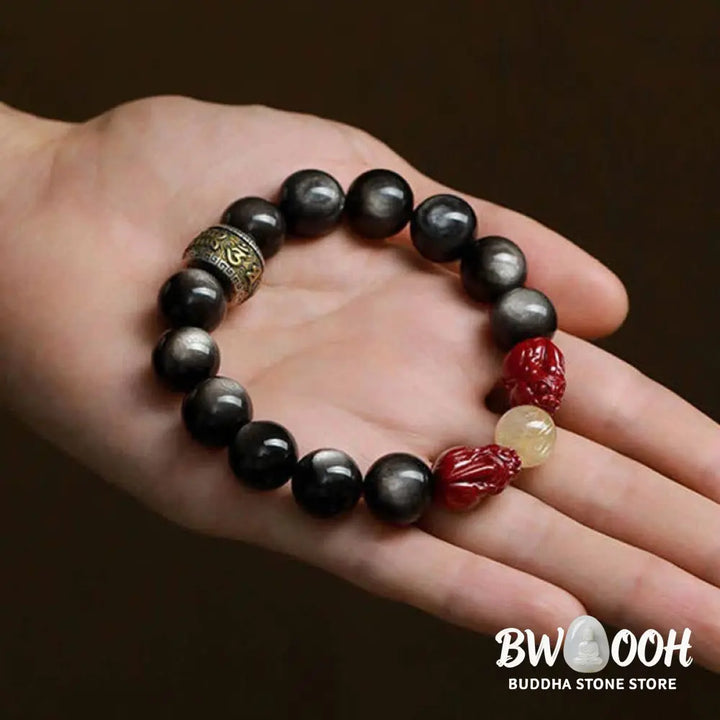 Buddha Stones Gold Sheen Obsidian PiXiu Cinnabar Om Mani Padme Hum Protection Bracelet - Gold Sheen Obsidian