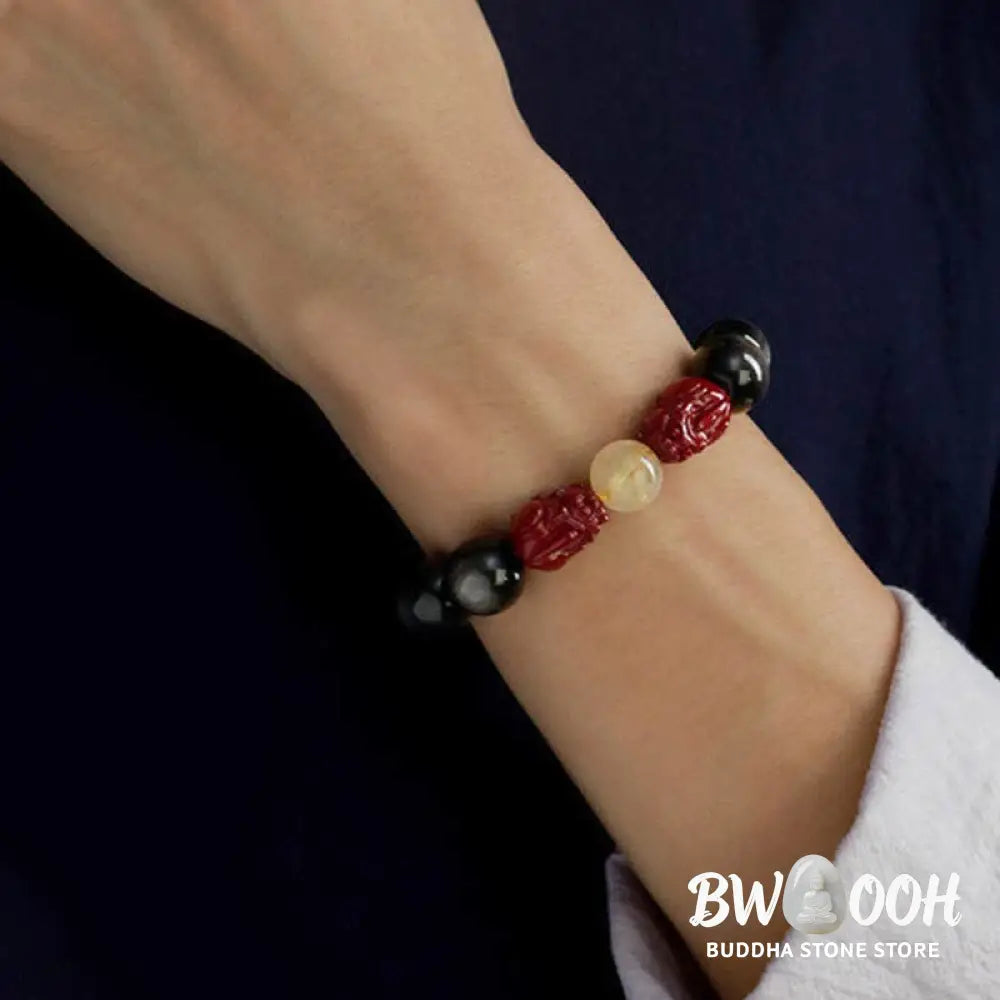 Buddha Stones Gold Sheen Obsidian PiXiu Cinnabar Om Mani Padme Hum Protection Bracelet - Gold Sheen Obsidian