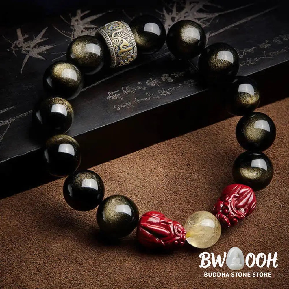 Buddha Stones Gold Sheen Obsidian PiXiu Cinnabar Om Mani Padme Hum Protection Bracelet - Gold Sheen Obsidian