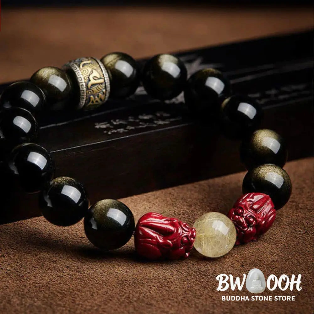 Buddha Stones Gold Sheen Obsidian PiXiu Cinnabar Om Mani Padme Hum Protection Bracelet - Gold Sheen Obsidian