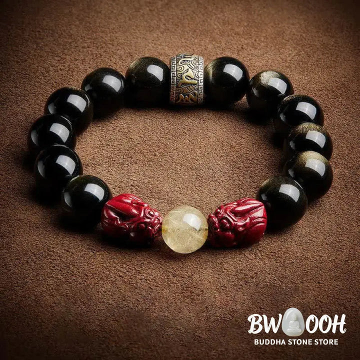 Buddha Stones Gold Sheen Obsidian PiXiu Cinnabar Om Mani Padme Hum Protection Bracelet - Gold Sheen Obsidian