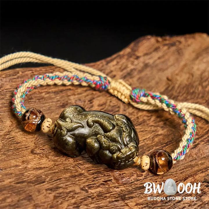 Buddha Stones Gold Sheen Obsidian PiXiu Wealth Rope Bracelet - PiXiu(Wrist Circumference: 14-26cm) - Bracelet
