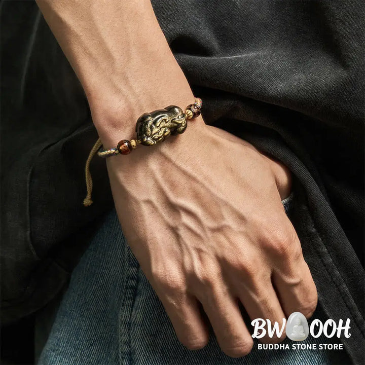 Buddha Stones Gold Sheen Obsidian PiXiu Wealth Rope Bracelet - PiXiu(Wrist Circumference: 14-26cm) - Bracelet