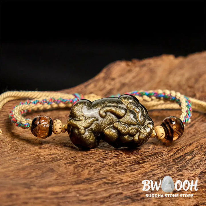 Buddha Stones Gold Sheen Obsidian PiXiu Wealth Rope Bracelet - PiXiu(Wrist Circumference: 14-26cm) - Bracelet