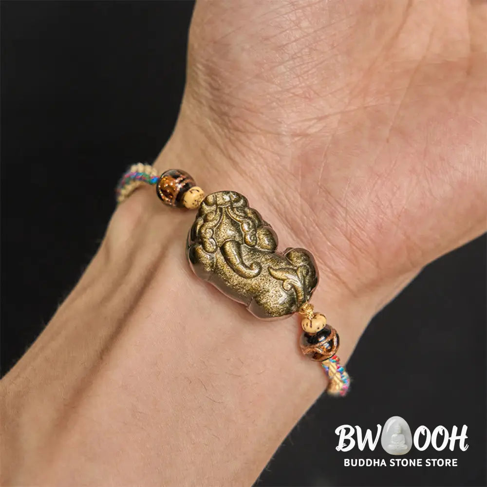 Buddha Stones Gold Sheen Obsidian PiXiu Wealth Rope Bracelet - PiXiu(Wrist Circumference: 14-26cm) - Bracelet