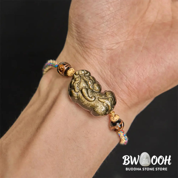 Buddha Stones Gold Sheen Obsidian PiXiu Wealth Rope Bracelet - PiXiu(Wrist Circumference: 14-26cm) - Bracelet