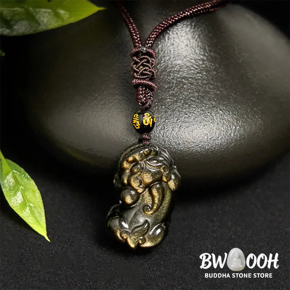 Buddha Stones Gold Sheen Obsidian PiXiu Wealth Rope Necklace Pendant - BWOOOH - PiXiu Necklace - Necklaces &amp; Pendants