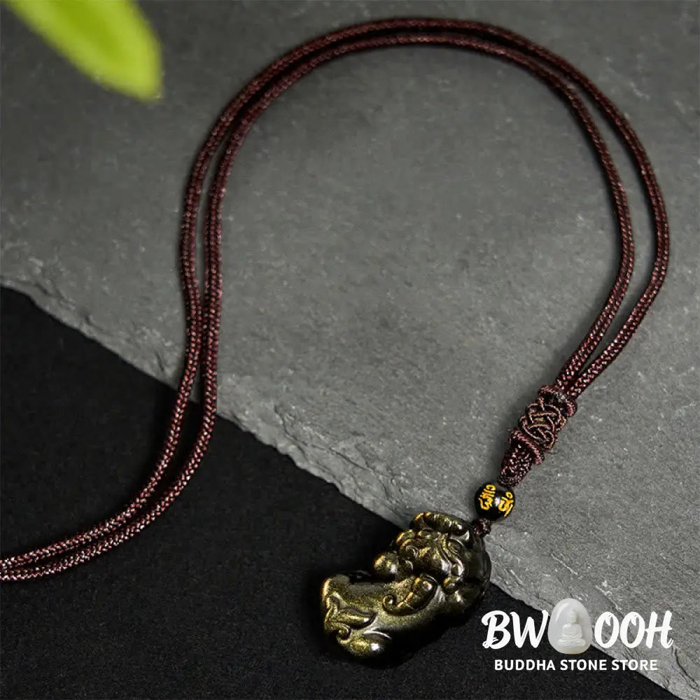 Buddha Stones Gold Sheen Obsidian PiXiu Wealth Rope Necklace Pendant - BWOOOH - PiXiu Necklace - Necklaces &amp; Pendants