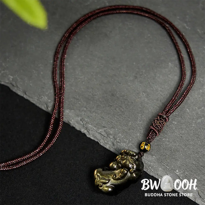 Buddha Stones Gold Sheen Obsidian PiXiu Wealth Rope Necklace Pendant - BWOOOH - PiXiu Necklace - Necklaces &amp; Pendants