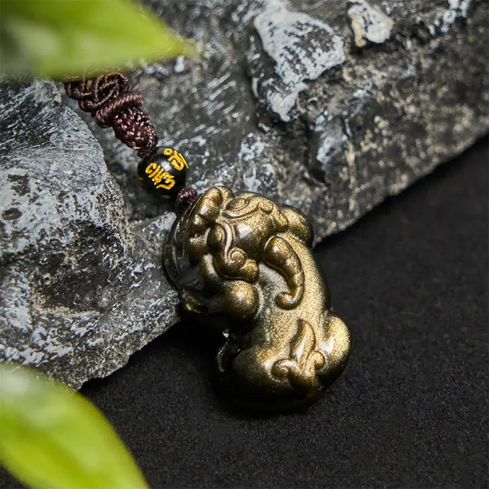Buddha Stones Gold Sheen Obsidian PiXiu Wealth Rope Necklace Pendant - BWOOOH - PiXiu Necklace - Necklaces & Pendants