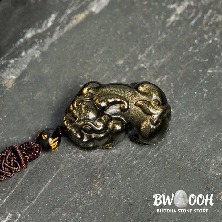 Buddha Stones Gold Sheen Obsidian PiXiu Wealth Rope Necklace Pendant - BWOOOH - PiXiu Necklace - Necklaces &amp; Pendants