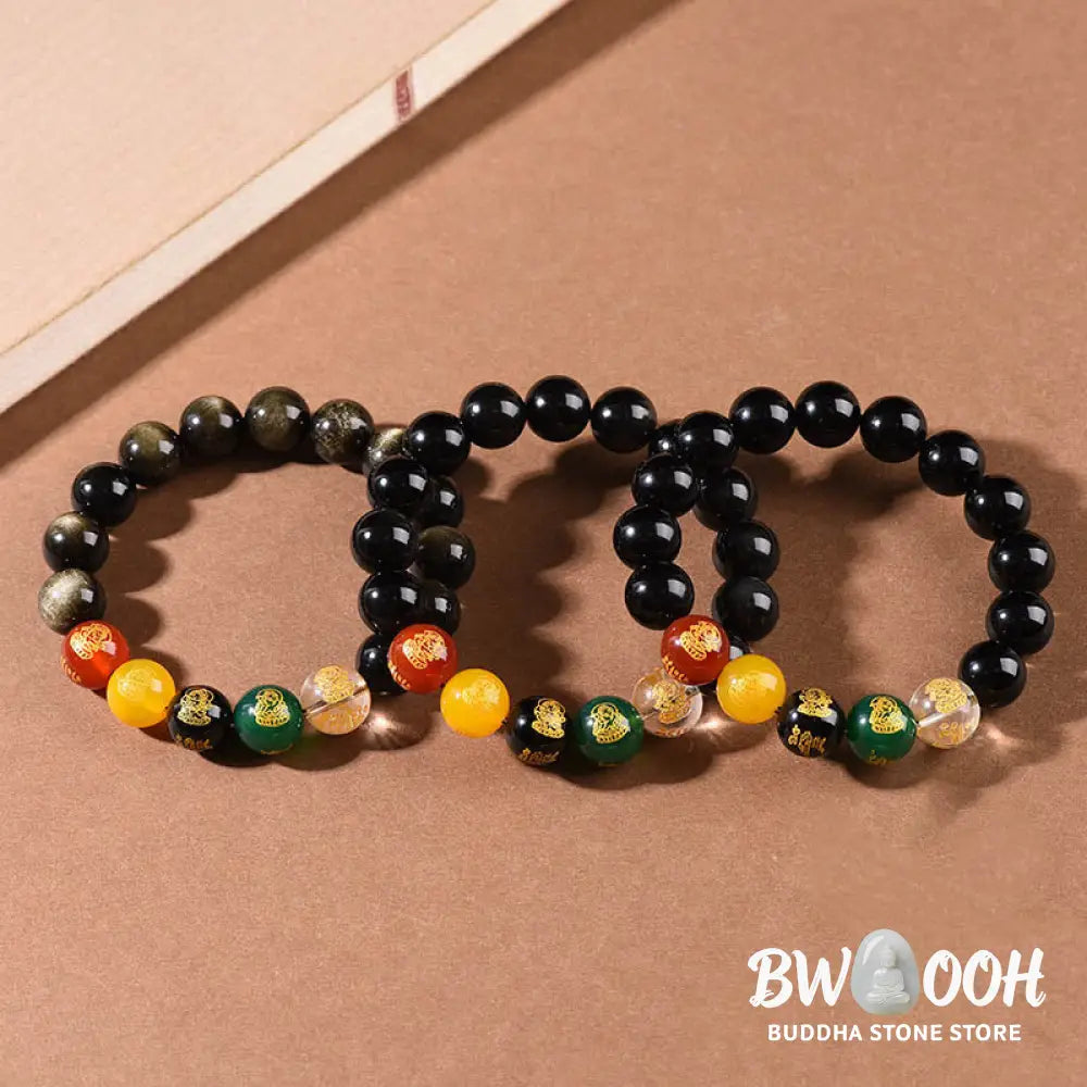 Buddha Stones Gold Sheen Obsidian Rainbow Obsidian Black Obsidian Five Directions Gods of Wealth Bracelet - BWOOOH