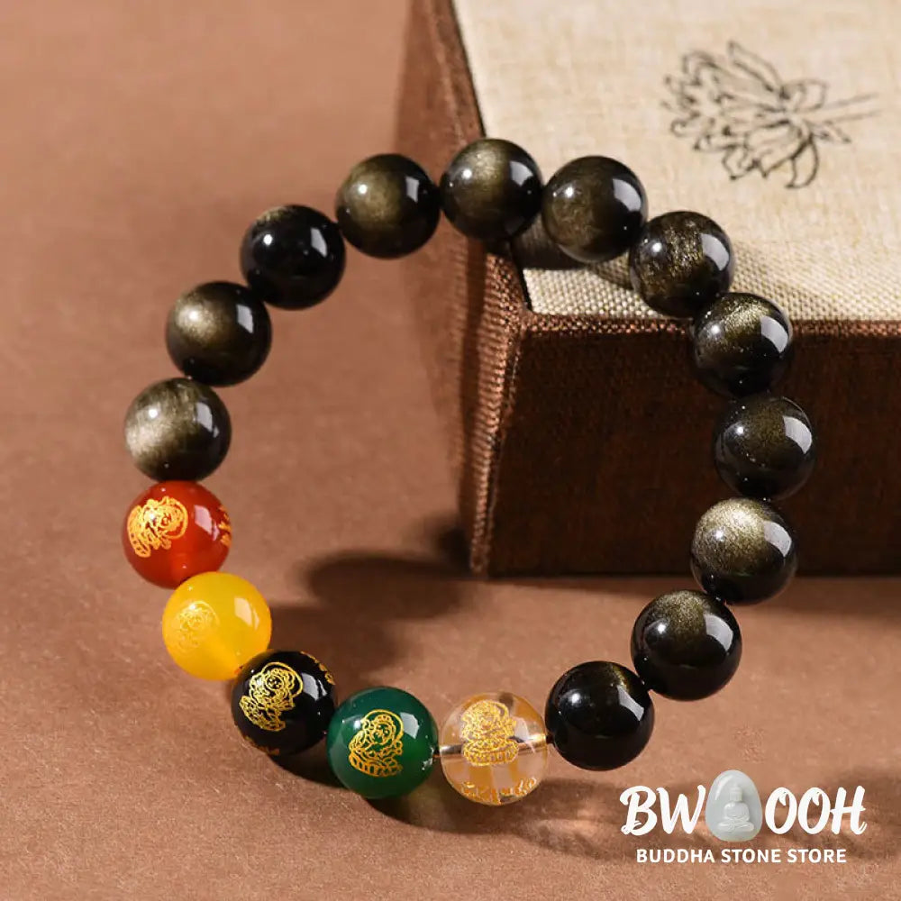 Buddha Stones Gold Sheen Obsidian Rainbow Obsidian Black Obsidian Five Directions Gods of Wealth Bracelet - BWOOOH