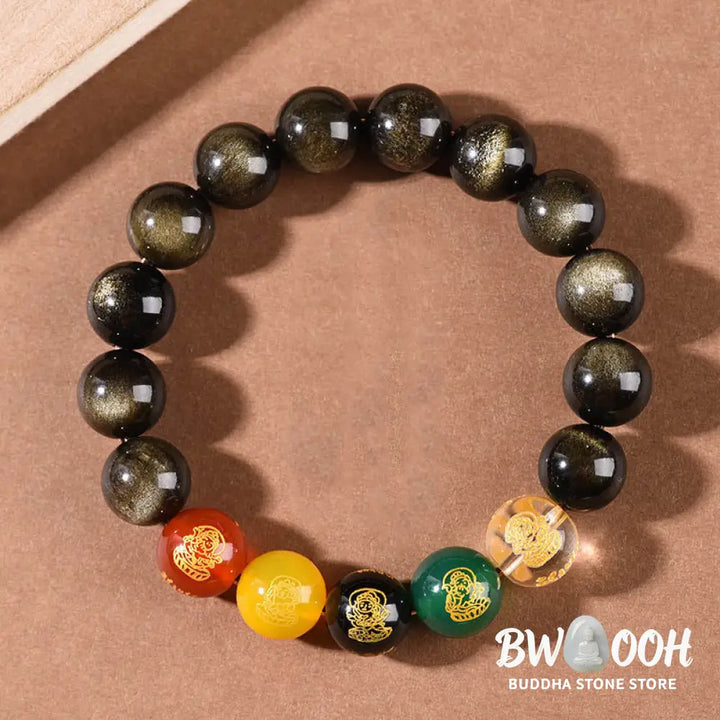 Buddha Stones Gold Sheen Obsidian Rainbow Obsidian Black Obsidian Five Directions Gods of Wealth Bracelet - BWOOOH