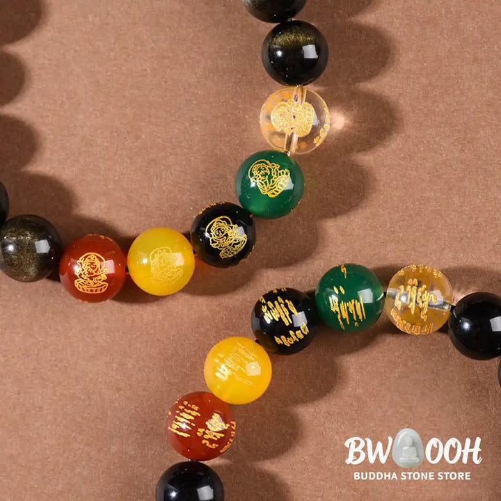 Buddha Stones Gold Sheen Obsidian Rainbow Obsidian Black Obsidian Five Directions Gods of Wealth Bracelet - BWOOOH