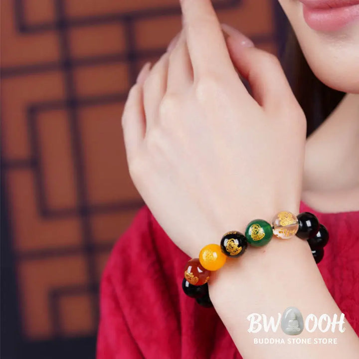 Buddha Stones Gold Sheen Obsidian Rainbow Obsidian Black Obsidian Five Directions Gods of Wealth Bracelet - BWOOOH
