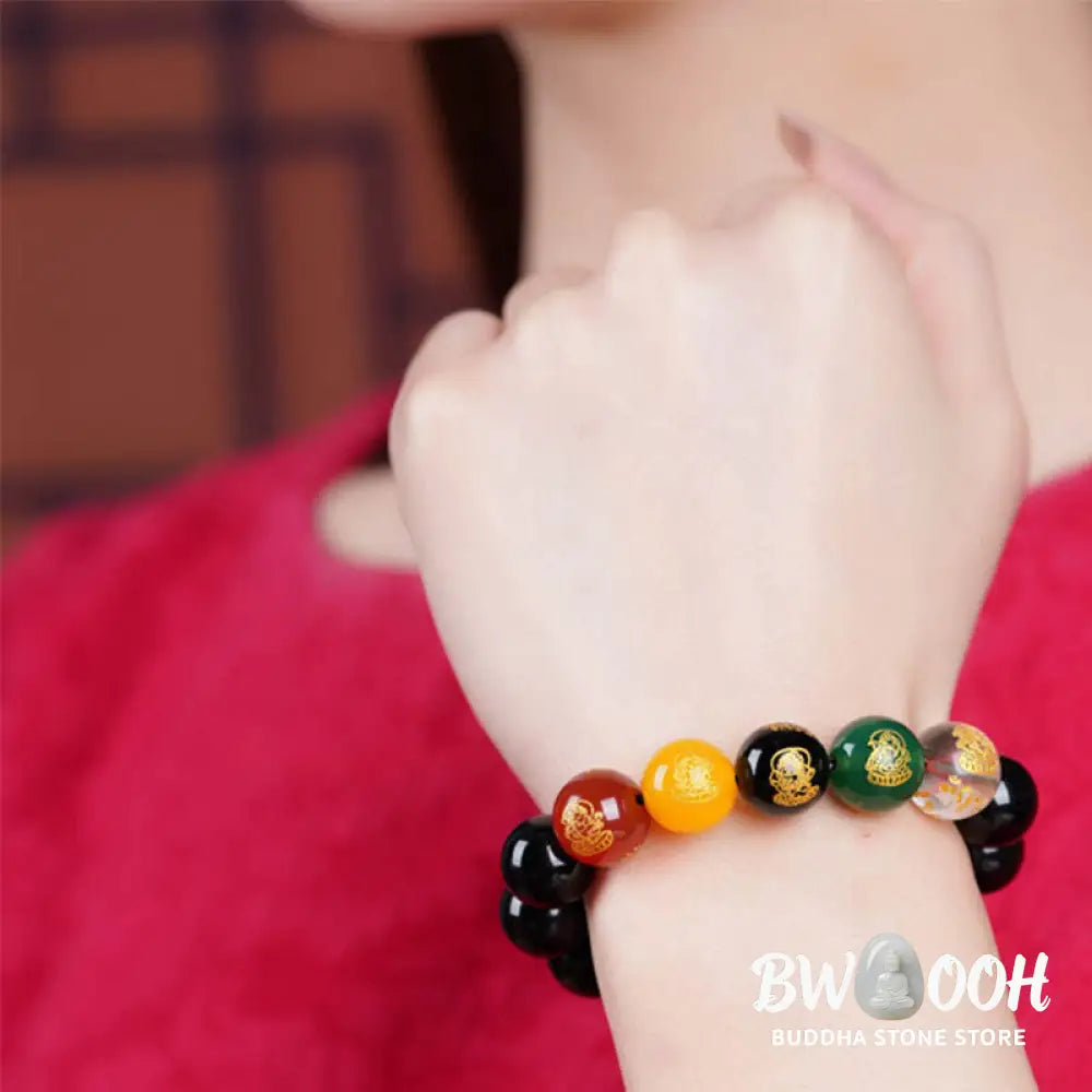 Buddha Stones Gold Sheen Obsidian Rainbow Obsidian Black Obsidian Five Directions Gods of Wealth Bracelet - BWOOOH
