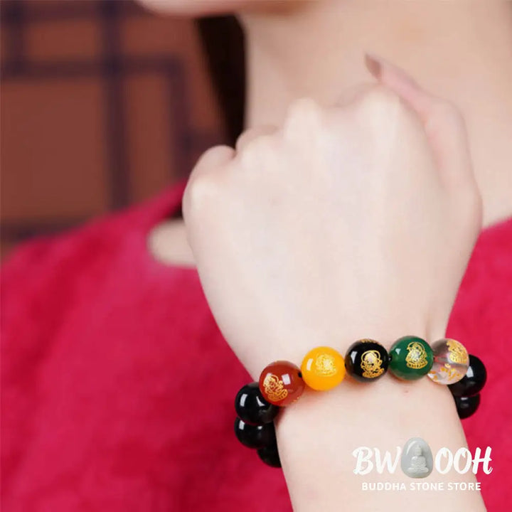 Buddha Stones Gold Sheen Obsidian Rainbow Obsidian Black Obsidian Five Directions Gods of Wealth Bracelet - BWOOOH