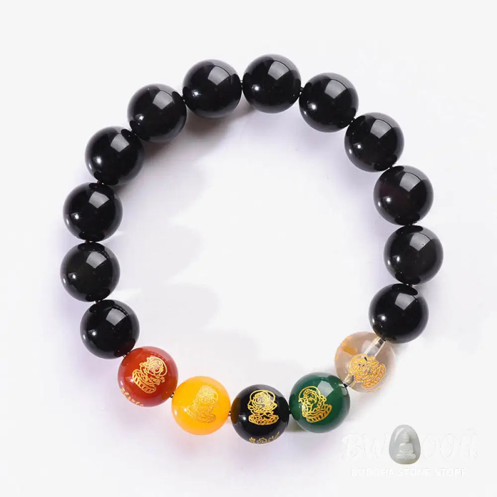 Buddha Stones Gold Sheen Obsidian Rainbow Obsidian Black Obsidian Five Directions Gods of Wealth Bracelet - BWOOOH