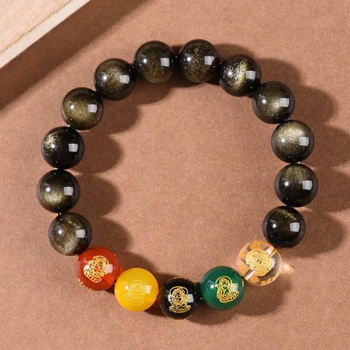 BWOOOH Gold Sheen Obsidian Rainbow Obsidian Black Obsidian Five Directions Gods of Wealth Bracelet - BWOOOH