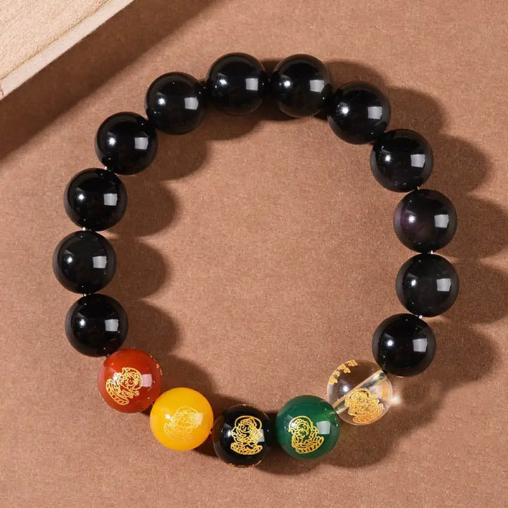 Buddha Stones Gold Sheen Obsidian Rainbow Obsidian Black Obsidian Five Directions Gods of Wealth Bracelet - BWOOOH