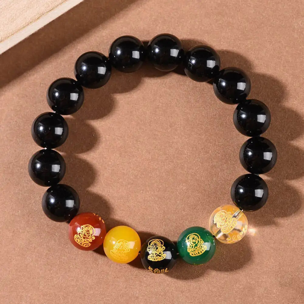 Buddha Stones Gold Sheen Obsidian Rainbow Obsidian Black Obsidian Five Directions Gods of Wealth Bracelet - BWOOOH