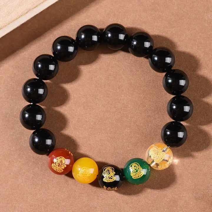 Buddha Stones Gold Sheen Obsidian Rainbow Obsidian Black Obsidian Five Directions Gods of Wealth Bracelet - BWOOOH