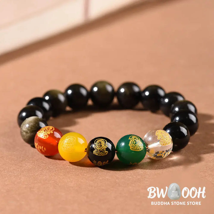 Buddha Stones Gold Sheen Obsidian Rainbow Obsidian Black Obsidian Five Directions Gods of Wealth Bracelet - BWOOOH