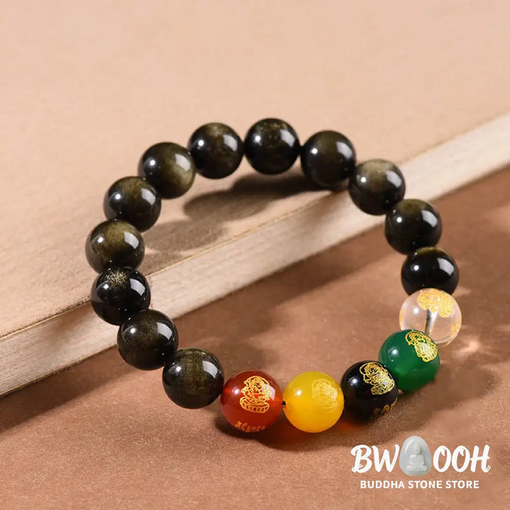 Buddha Stones Gold Sheen Obsidian Rainbow Obsidian Black Obsidian Five Directions Gods of Wealth Bracelet - BWOOOH