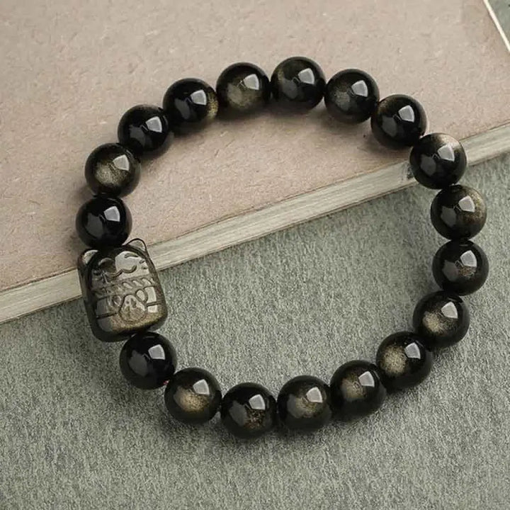 Buddha Stones Gold Sheen Obsidian Silver Sheen Obsidian Lovely Paw Lucky Cat Protection Bracelet - BWOOOH - Gold Sheen