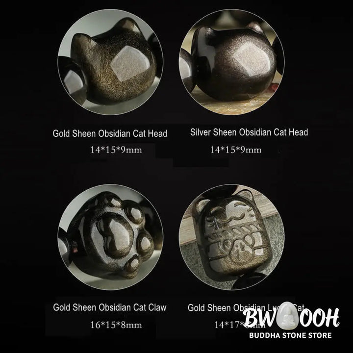 Buddha Stones Gold Sheen Obsidian Silver Sheen Obsidian Lovely Paw Lucky Cat Protection Bracelet - BWOOOH - Bracelet