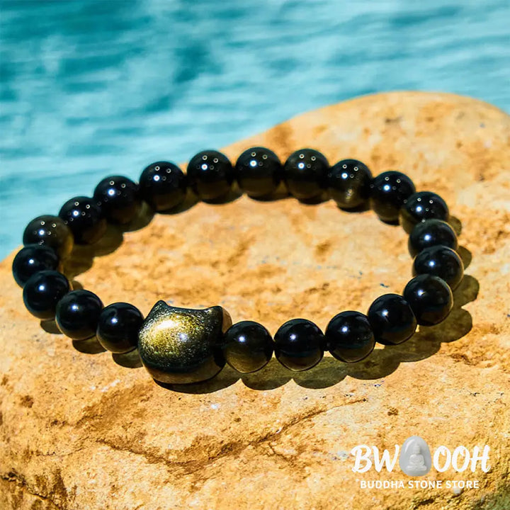 Buddha Stones Gold Sheen Obsidian Silver Sheen Obsidian Lovely Paw Lucky Cat Protection Bracelet - BWOOOH - Bracelet