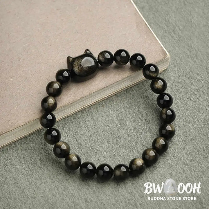 Buddha Stones Gold Sheen Obsidian Silver Sheen Obsidian Lovely Paw Lucky Cat Protection Bracelet - BWOOOH - Bracelet