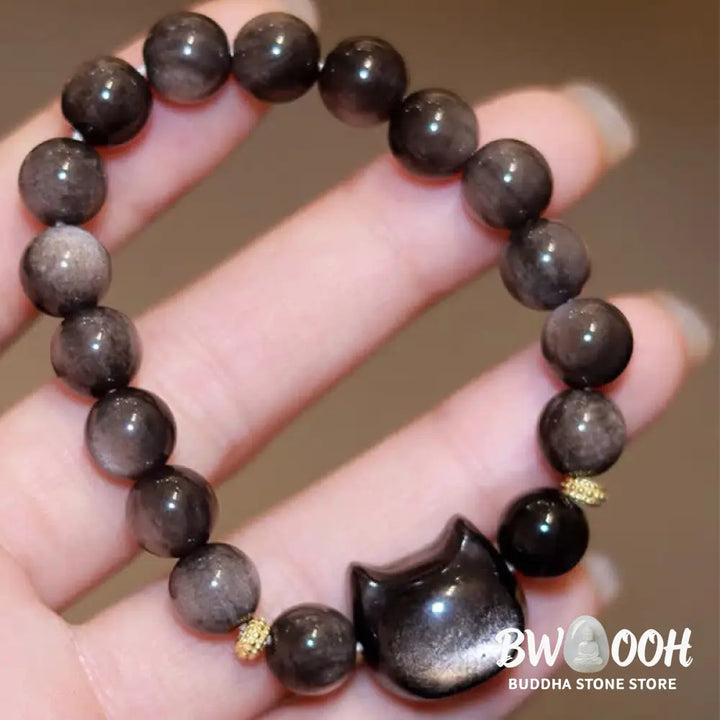 Buddha Stones Gold Sheen Obsidian Silver Sheen Obsidian Lovely Paw Lucky Cat Protection Bracelet - BWOOOH - Bracelet