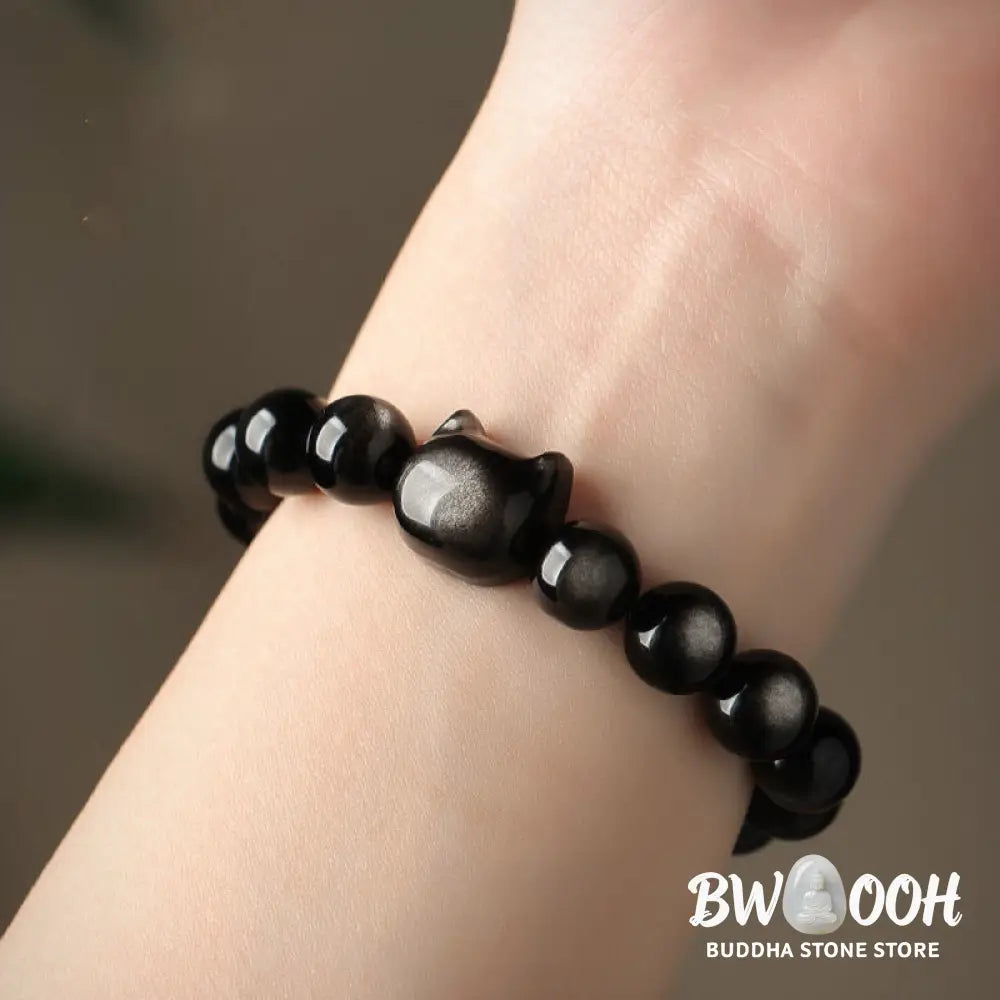 Buddha Stones Gold Sheen Obsidian Silver Sheen Obsidian Lovely Paw Lucky Cat Protection Bracelet - BWOOOH - Bracelet