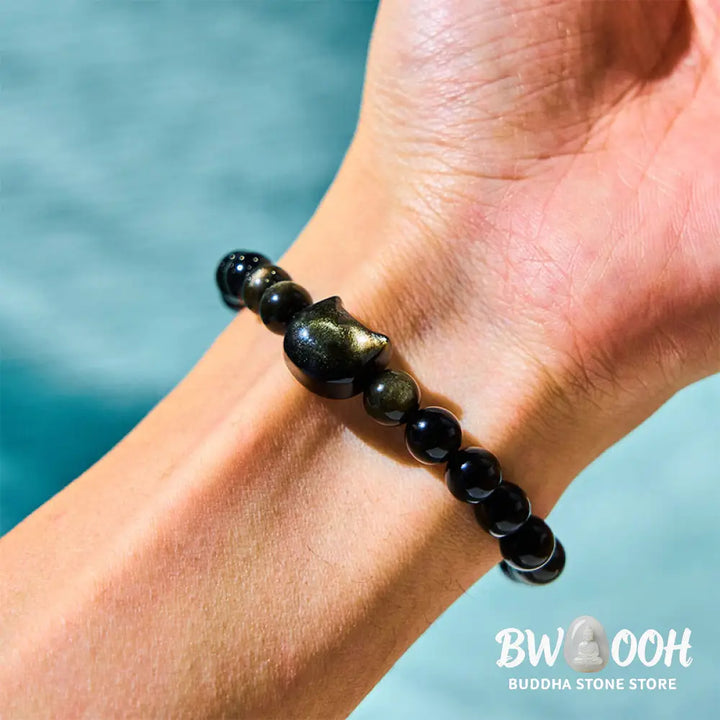 Buddha Stones Gold Sheen Obsidian Silver Sheen Obsidian Lovely Paw Lucky Cat Protection Bracelet - BWOOOH - Bracelet