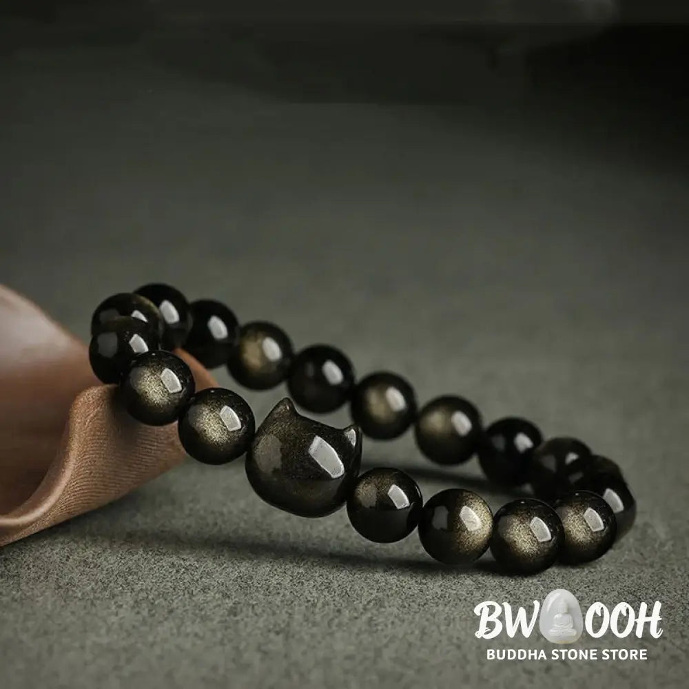 Buddha Stones Gold Sheen Obsidian Silver Sheen Obsidian Lovely Paw Lucky Cat Protection Bracelet - BWOOOH - Bracelet
