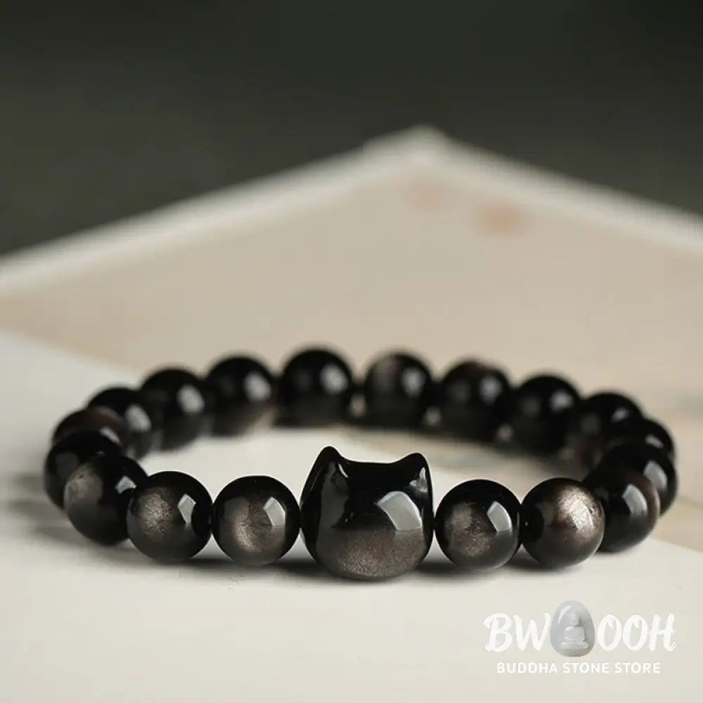 Buddha Stones Gold Sheen Obsidian Silver Sheen Obsidian Lovely Paw Lucky Cat Protection Bracelet - BWOOOH - Bracelet