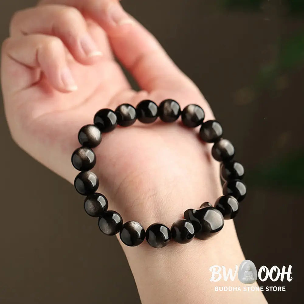 Buddha Stones Gold Sheen Obsidian Silver Sheen Obsidian Lovely Paw Lucky Cat Protection Bracelet - BWOOOH - Bracelet