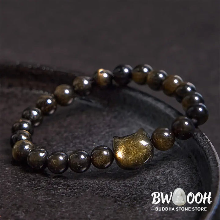 Buddha Stones Gold Sheen Obsidian Silver Sheen Obsidian Lovely Paw Lucky Cat Protection Bracelet - BWOOOH - Bracelet