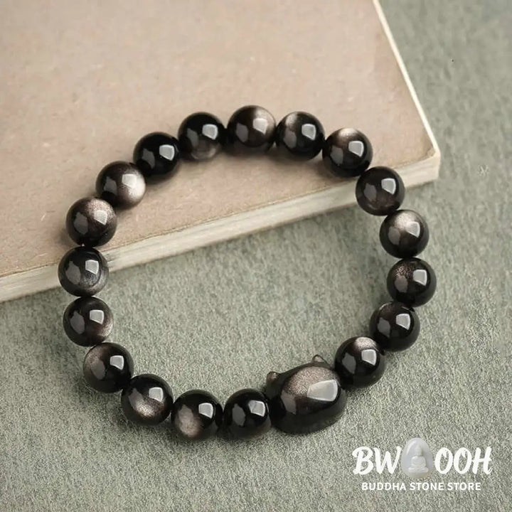 Buddha Stones Gold Sheen Obsidian Silver Sheen Obsidian Lovely Paw Lucky Cat Protection Bracelet - BWOOOH - Bracelet