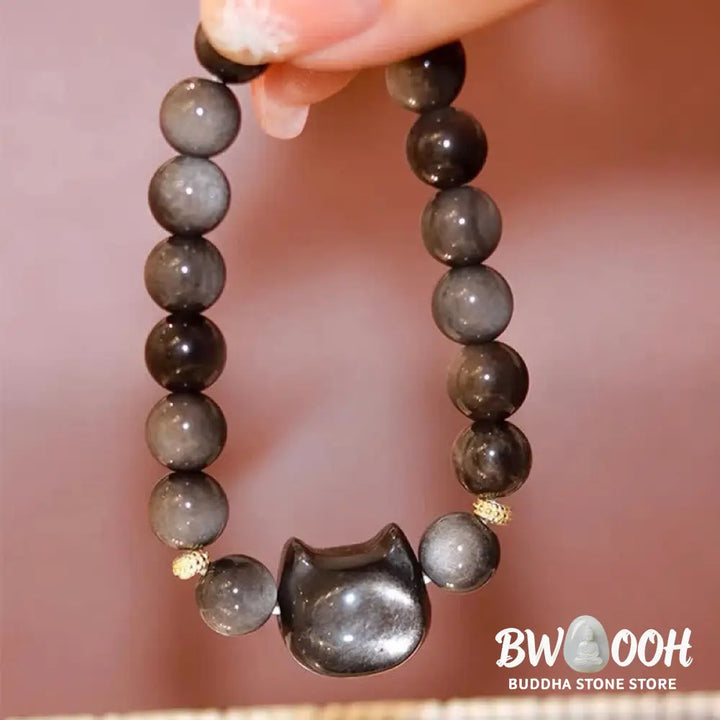 Buddha Stones Gold Sheen Obsidian Silver Sheen Obsidian Lovely Paw Lucky Cat Protection Bracelet - BWOOOH - Bracelet