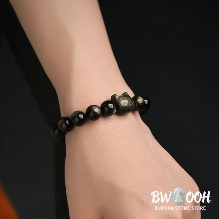 Buddha Stones Gold Sheen Obsidian Silver Sheen Obsidian Lovely Paw Lucky Cat Protection Bracelet - BWOOOH - Bracelet