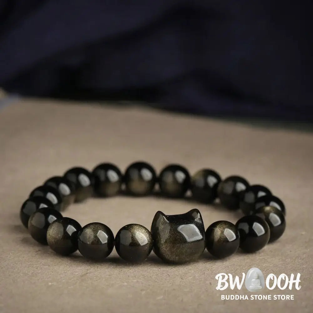 Buddha Stones Gold Sheen Obsidian Silver Sheen Obsidian Lovely Paw Lucky Cat Protection Bracelet - BWOOOH - Bracelet