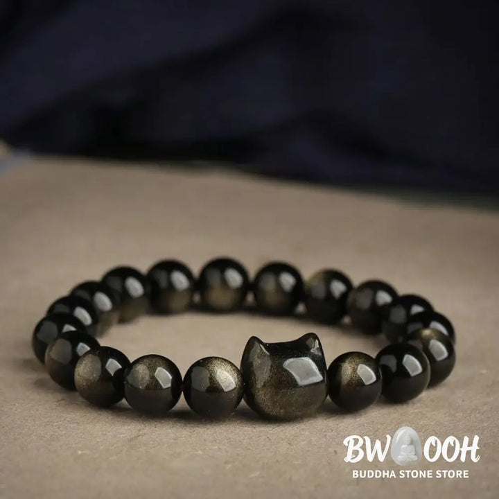 Buddha Stones Gold Sheen Obsidian Silver Sheen Obsidian Lovely Paw Lucky Cat Protection Bracelet - BWOOOH - Bracelet