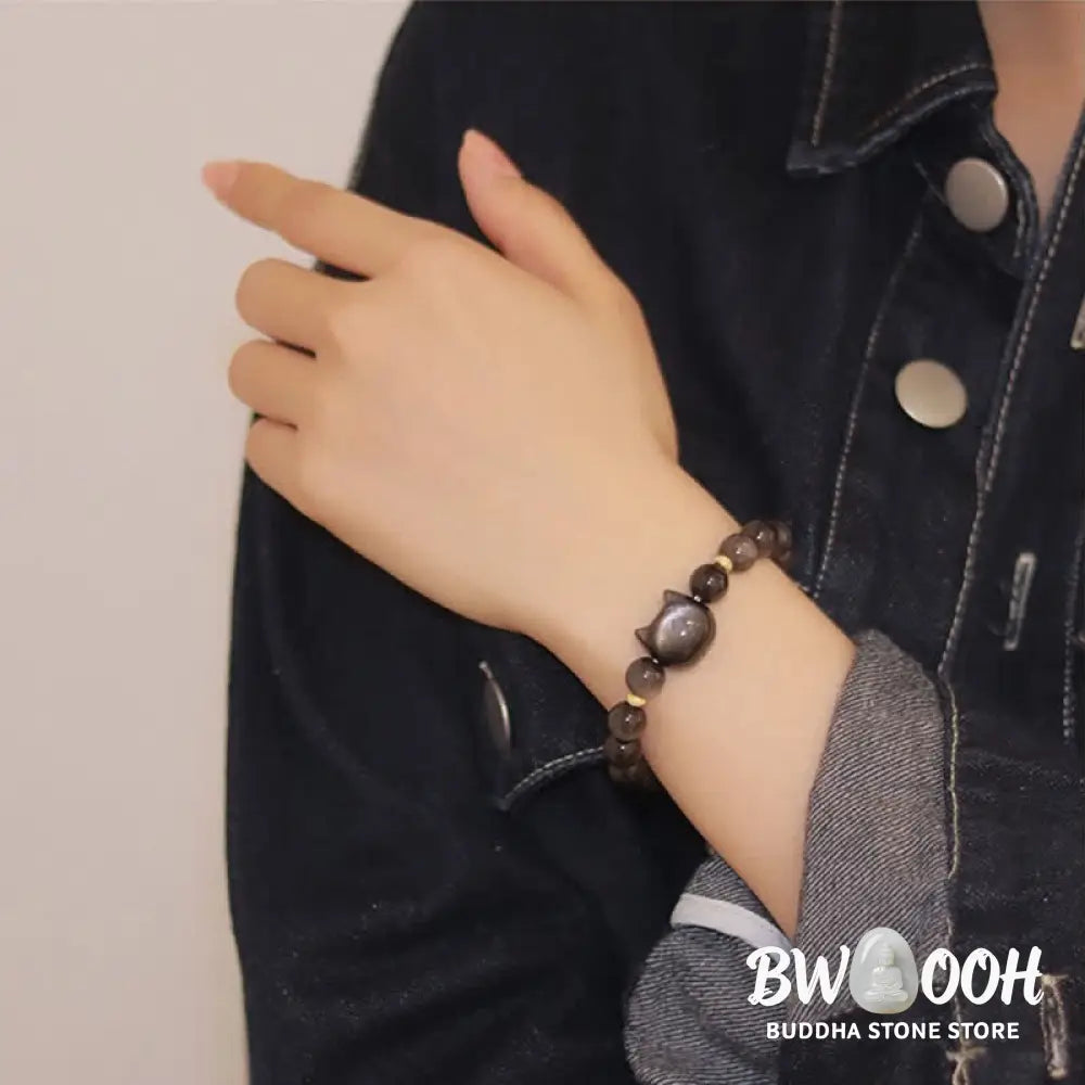 Buddha Stones Gold Sheen Obsidian Silver Sheen Obsidian Lovely Paw Lucky Cat Protection Bracelet - BWOOOH - Bracelet