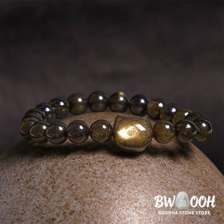 Buddha Stones Gold Sheen Obsidian Silver Sheen Obsidian Lovely Paw Lucky Cat Protection Bracelet - BWOOOH - Bracelet