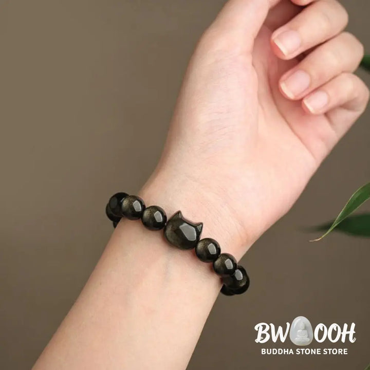 Buddha Stones Gold Sheen Obsidian Silver Sheen Obsidian Lovely Paw Lucky Cat Protection Bracelet - BWOOOH - Bracelet