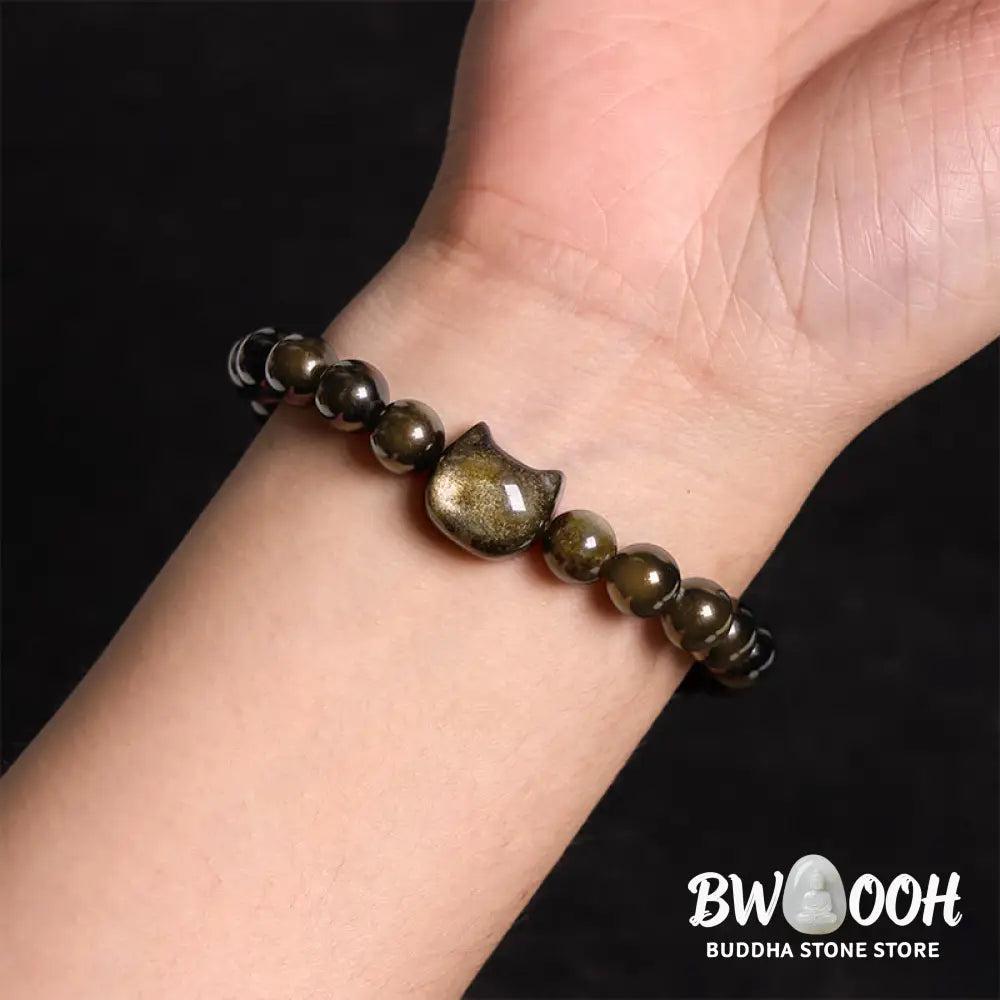 Buddha Stones Gold Sheen Obsidian Silver Sheen Obsidian Lovely Paw Lucky Cat Protection Bracelet - BWOOOH - Bracelet