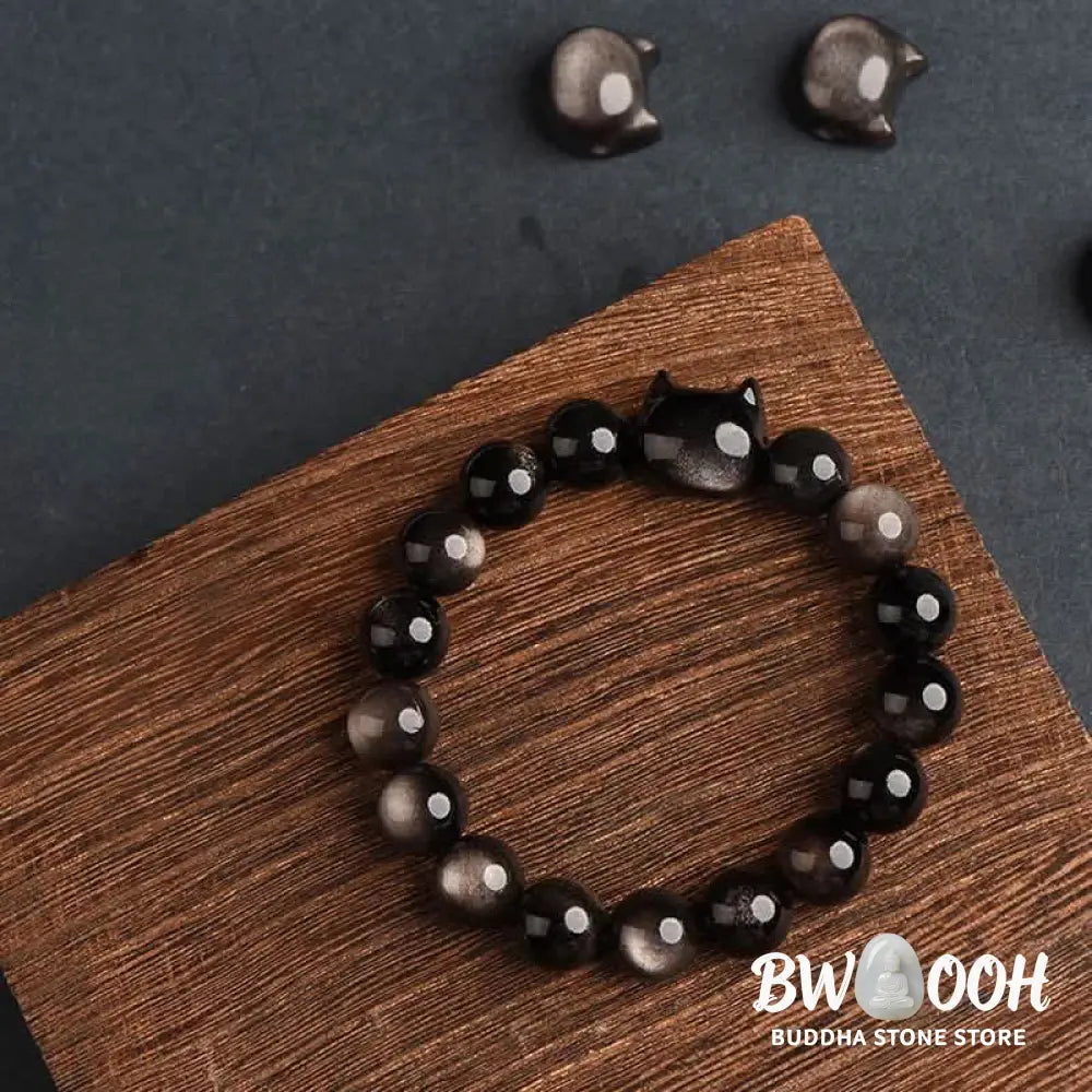 Buddha Stones Gold Sheen Obsidian Silver Sheen Obsidian Lovely Paw Lucky Cat Protection Bracelet - BWOOOH - Bracelet